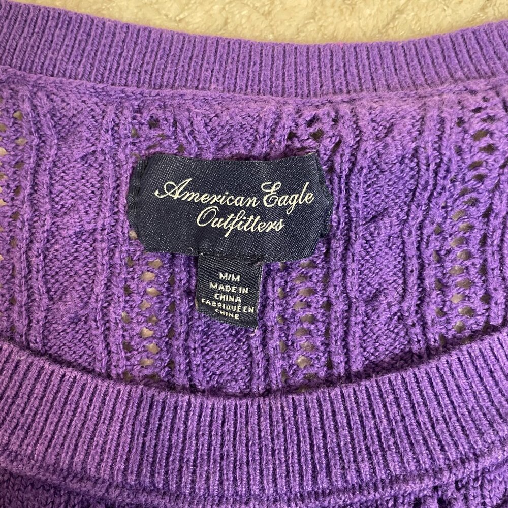 American Eagle Outfitters Y2K Style Purple Cable Knit 3/4 Sleeve Skinny Sweater - Picture 7 of 10